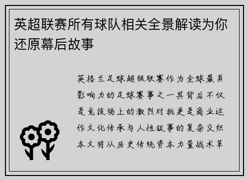 英超联赛所有球队相关全景解读为你还原幕后故事